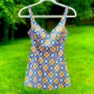 Vintage One Piece Skirted Swimsuit Retro 70s Flower Power Print Fitted Bodice 🌼